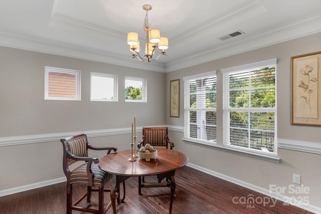 1919 Madeira Cir, Waxhaw, NC 28173 - sitting room featuring a chandelier, dark wood-style floors, crown molding, a tray ceiling, and baseboards