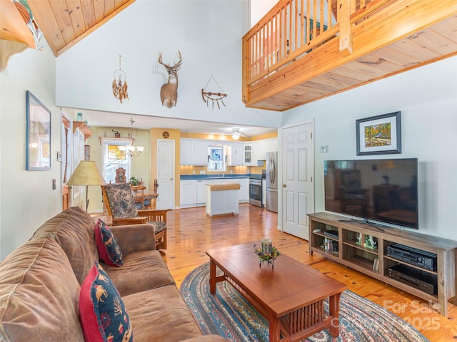 41 Trapper Ln, Waynesville, NC 28785 - living area featuring high vaulted ceiling, light wood-style flooring, a chandelier, ceiling fan, and wooden ceiling
