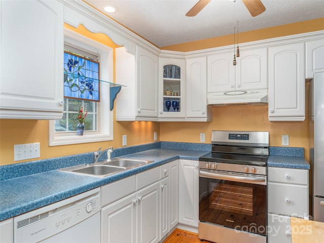 41 Trapper Ln, Waynesville, NC 28785 - kitchen featuring appliances with stainless steel finishes, under cabinet range hood, a sink, white cabinetry, and ceiling fan