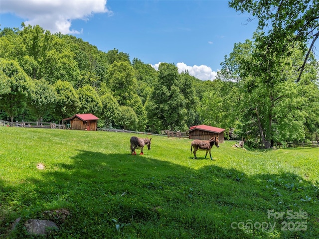 41 Trapper Ln, Waynesville, NC 28785 - view of yard featuring an outdoor structure, an exterior structure, and a forest view