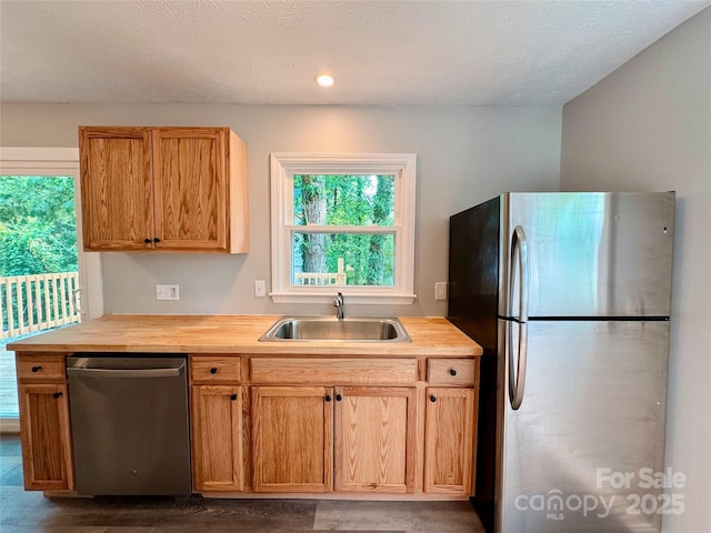 188 Johnston Blvd, Asheville, NC 28806 - kitchen with stainless steel appliances, a sink, wood counters, dark wood-style flooring, and recessed lighting