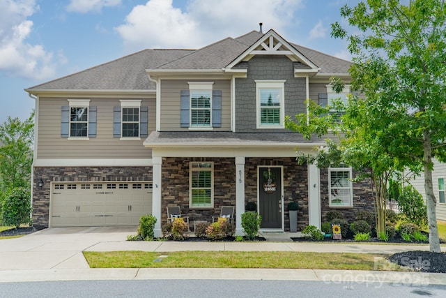 515 Lizzie Ln, Fort Mill, SC 29708 - craftsman-style house with a porch, concrete driveway, an attached garage, and roof with shingles