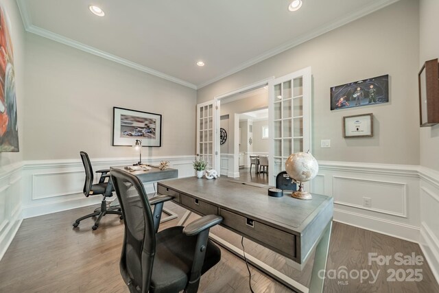 515 Lizzie Ln, Fort Mill, SC 29708 - office space featuring french doors, recessed lighting, wainscoting, wood finished floors, and crown molding
