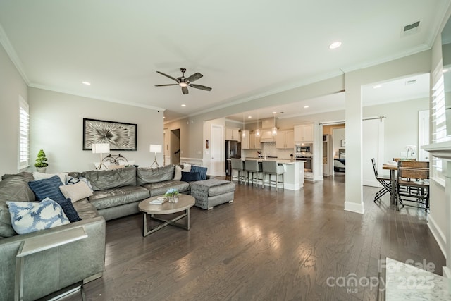 515 Lizzie Ln, Fort Mill, SC 29708 - living room with a ceiling fan, healthy amount of natural light, dark wood finished floors, recessed lighting, and ornamental molding