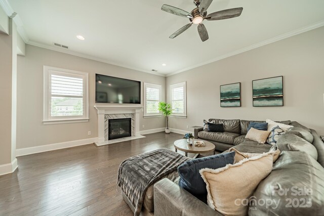 515 Lizzie Ln, Fort Mill, SC 29708 - living area with ornamental molding, a ceiling fan, baseboards, dark wood finished floors, and a fireplace