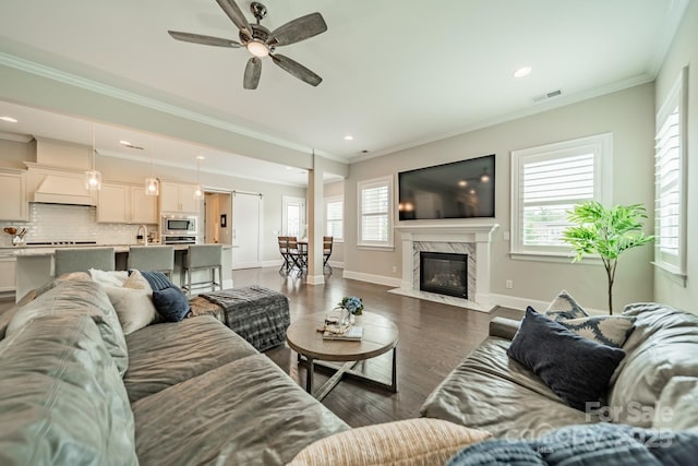 515 Lizzie Ln, Fort Mill, SC 29708 - living room with plenty of natural light, ceiling fan, a premium fireplace, dark wood finished floors, and ornamental molding