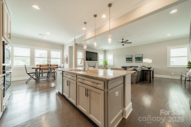 515 Lizzie Ln, Fort Mill, SC 29708 - kitchen with a sink, appliances with stainless steel finishes, ornamental molding, ceiling fan, and baseboards