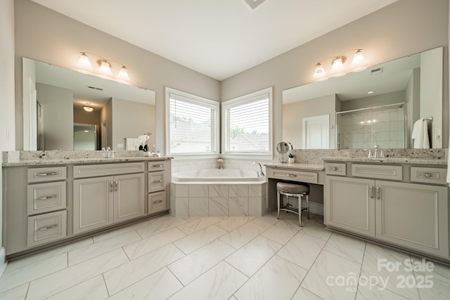 515 Lizzie Ln, Fort Mill, SC 29708 - full bathroom with a shower stall, two vanities, a garden tub, and marble look tile flooring