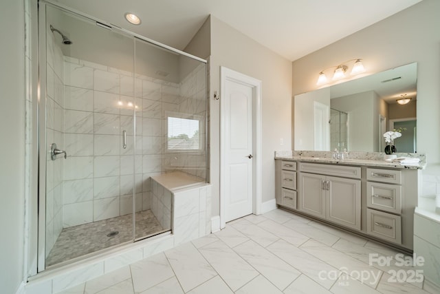 515 Lizzie Ln, Fort Mill, SC 29708 - bathroom with a stall shower, vanity, and marble look tiles