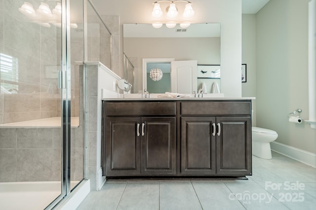 515 Lizzie Ln, Fort Mill, SC 29708 - bathroom with toilet, double vanity, tile patterned flooring, a stall shower, and baseboards