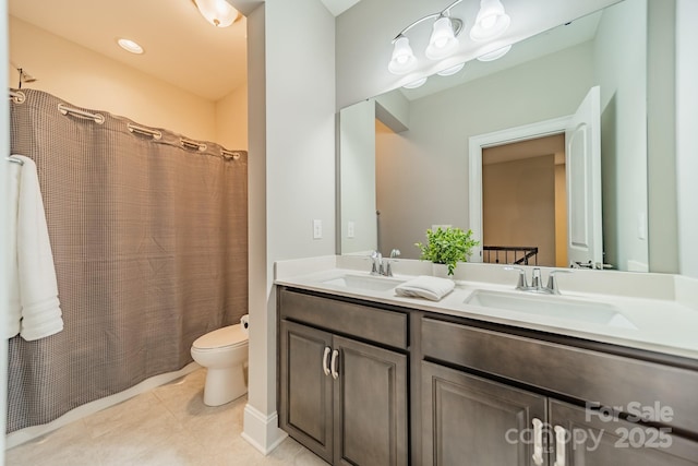 515 Lizzie Ln, Fort Mill, SC 29708 - full bath with double vanity, toilet, tile patterned flooring, and a shower with shower curtain