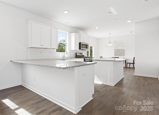 1433 Harleston St, Indian Trail, NC 28079 - kitchen with appliances with stainless steel finishes, white cabinetry, dark wood-type flooring, a peninsula, and recessed lighting