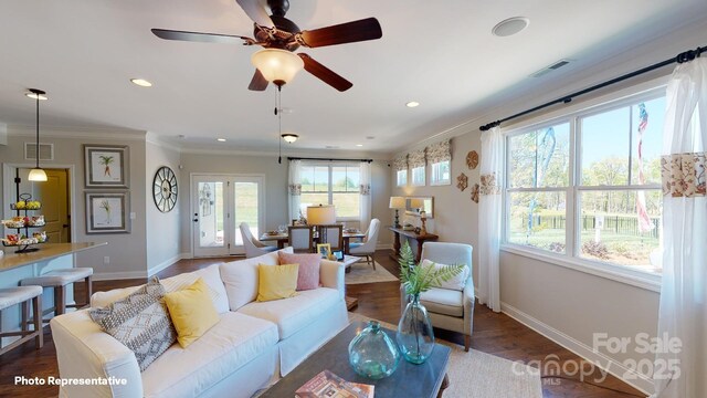 106 Noah Ln, Troutman, NC 28166 - living room featuring baseboards, wood finished floors, ornamental molding, recessed lighting, and ceiling fan
