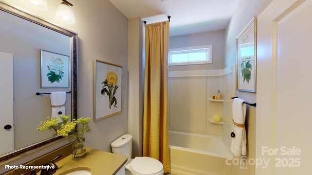 106 Noah Ln, Troutman, NC 28166 - bathroom featuring toilet, vanity, and shower / bath combo with shower curtain