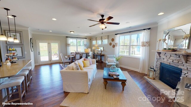 106 Noah Ln, Troutman, NC 28166 - living room with wood finished floors, baseboards, ornamental molding, ceiling fan, and recessed lighting