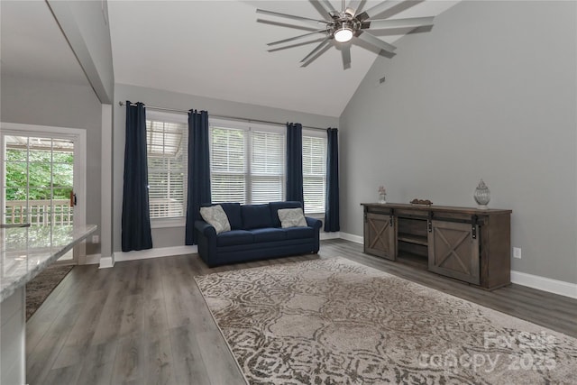 3709 Creek Ridge Dr, Denver, NC 28037 - living area with baseboards, a ceiling fan, wood finished floors, and high vaulted ceiling