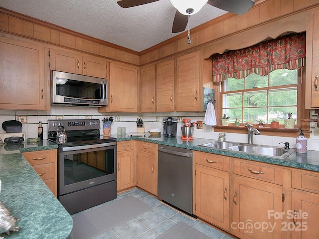269 Johnson Dairy Rd, Mooresville, NC 28115 - kitchen with appliances with stainless steel finishes, a sink, ornamental molding, a ceiling fan, and dark countertops