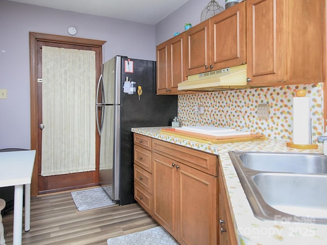 269 Johnson Dairy Rd, Mooresville, NC 28115 - kitchen featuring under cabinet range hood, light countertops, light wood-style floors, a sink, and freestanding refrigerator