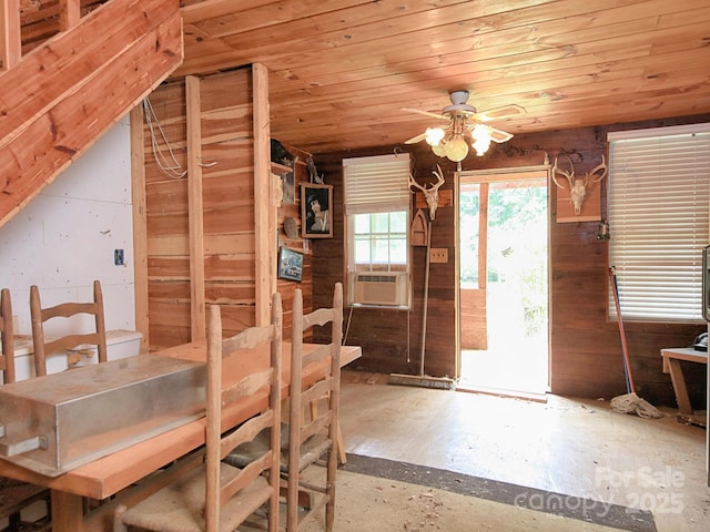 269 Johnson Dairy Rd, Mooresville, NC 28115 - unfurnished dining area with a ceiling fan, wood walls, wood ceiling, and cooling unit