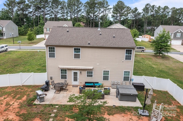 413 Wheat Field Dr, Mount Holly, NC 28120 - back of property featuring outdoor lounge area, a patio, roof with shingles, and view of scattered trees