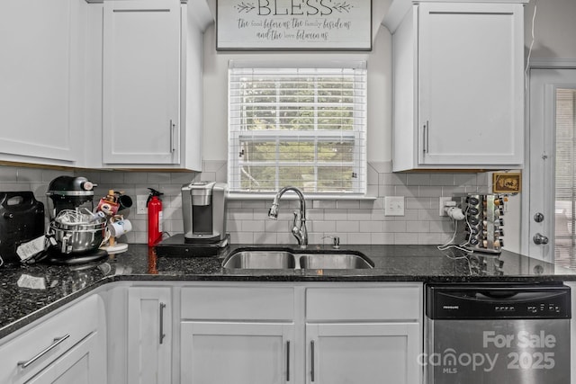413 Wheat Field Dr, Mount Holly, NC 28120 - kitchen with dishwasher, a sink, white cabinets, and backsplash
