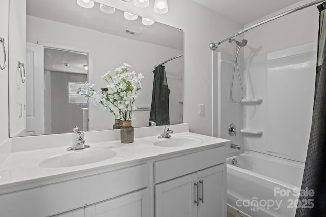 413 Wheat Field Dr, Mount Holly, NC 28120 - full bathroom with shower / tub combo with curtain and double vanity