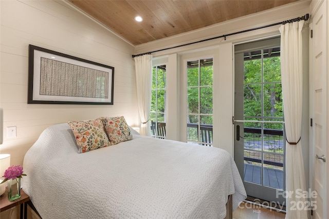 bedroom featuring vaulted ceiling, access to outside, wood ceiling, wood walls, and recessed lighting