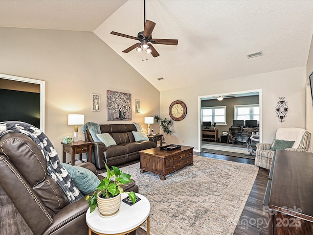 202 Cameron Dr, Kings Mountain, NC 28086 - living room with a ceiling fan, wood finished floors, and high vaulted ceiling