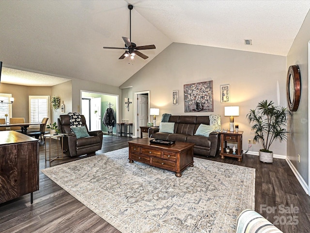 202 Cameron Dr, Kings Mountain, NC 28086 - living room with a ceiling fan, lofted ceiling, dark wood finished floors, and baseboards