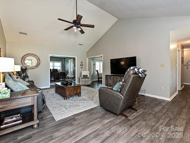 202 Cameron Dr, Kings Mountain, NC 28086 - living room with a ceiling fan, dark wood-style flooring, baseboards, and high vaulted ceiling