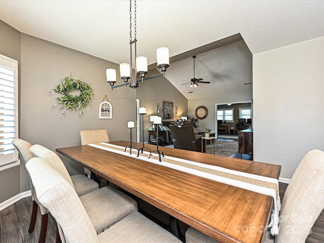 202 Cameron Dr, Kings Mountain, NC 28086 - dining area featuring ceiling fan, dark wood-style flooring, baseboards, a chandelier, and lofted ceiling