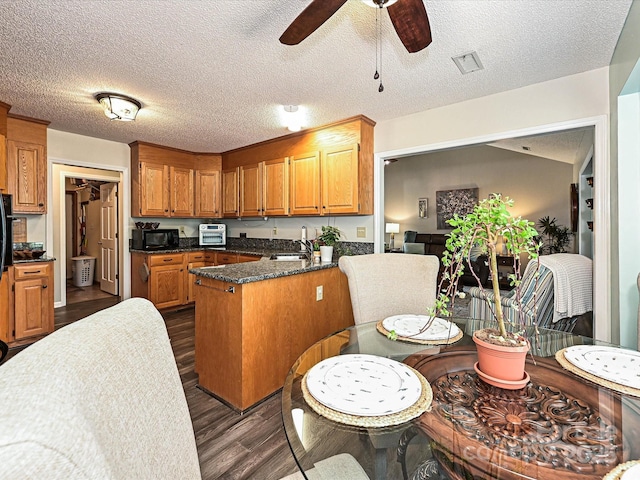 202 Cameron Dr, Kings Mountain, NC 28086 - kitchen with black microwave, a sink, dark wood-style flooring, a peninsula, and ceiling fan