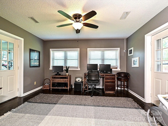 202 Cameron Dr, Kings Mountain, NC 28086 - office area with a ceiling fan, wood finished floors, healthy amount of natural light, and a textured ceiling