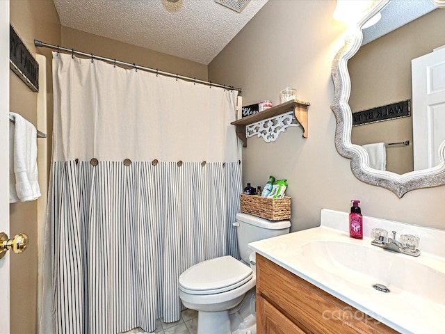 202 Cameron Dr, Kings Mountain, NC 28086 - full bathroom featuring vanity, toilet, a textured ceiling, tile patterned floors, and a shower with shower curtain