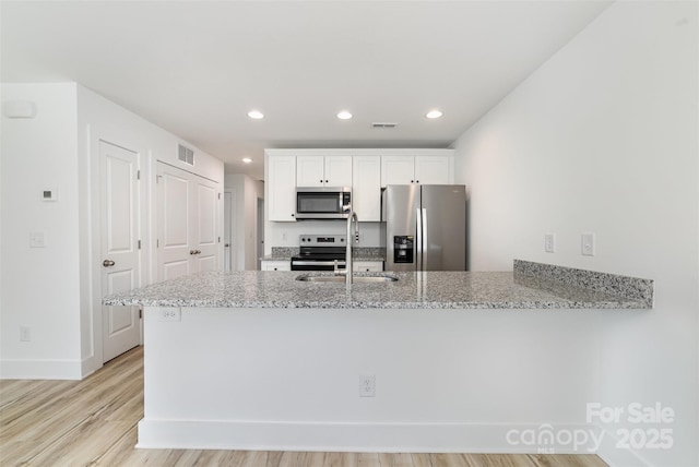 kitchen with appliances with stainless steel finishes, a sink, a peninsula, light stone counters, and white cabinets