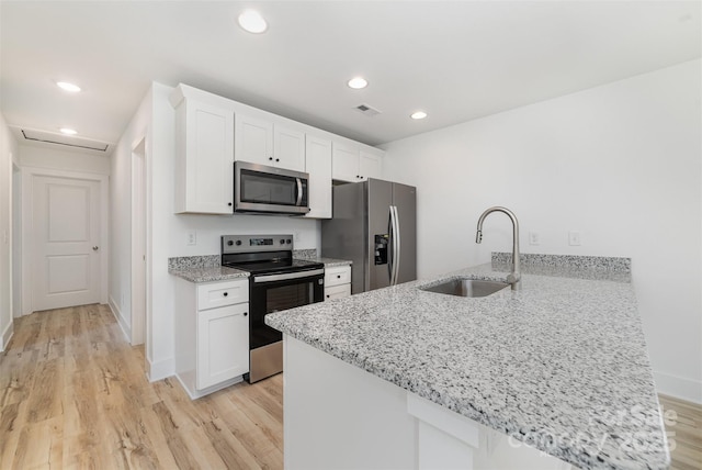 kitchen featuring appliances with stainless steel finishes, a sink, a peninsula, light wood finished floors, and white cabinetry