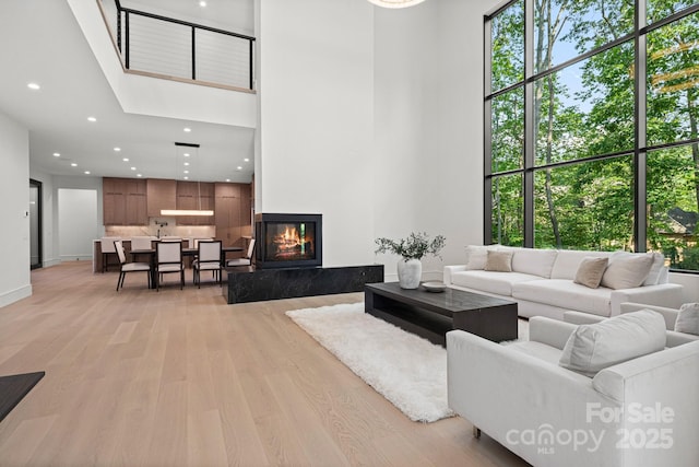 78 Running Creek Trl Unit 93, Arden, NC 28704 - living area featuring light wood-type flooring, a high end fireplace, a high ceiling, and recessed lighting