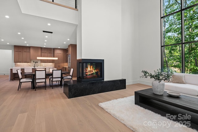 78 Running Creek Trl Unit 93, Arden, NC 28704 - living room featuring a towering ceiling, light wood-style flooring, a premium fireplace, and recessed lighting