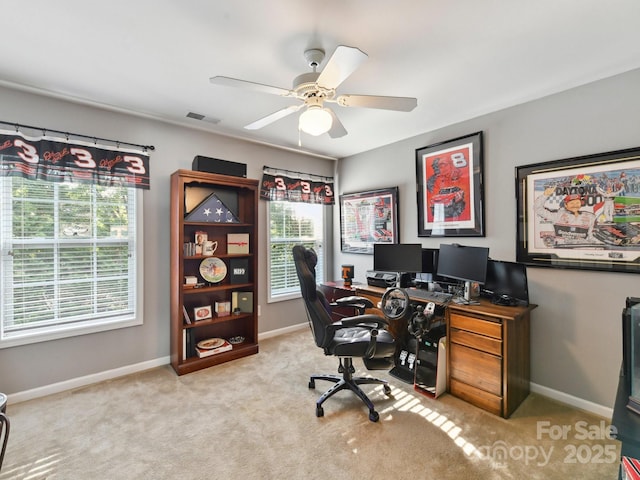 1564 Trippett St NW, Concord, NC 28027 - home office featuring a ceiling fan, carpet flooring, and baseboards