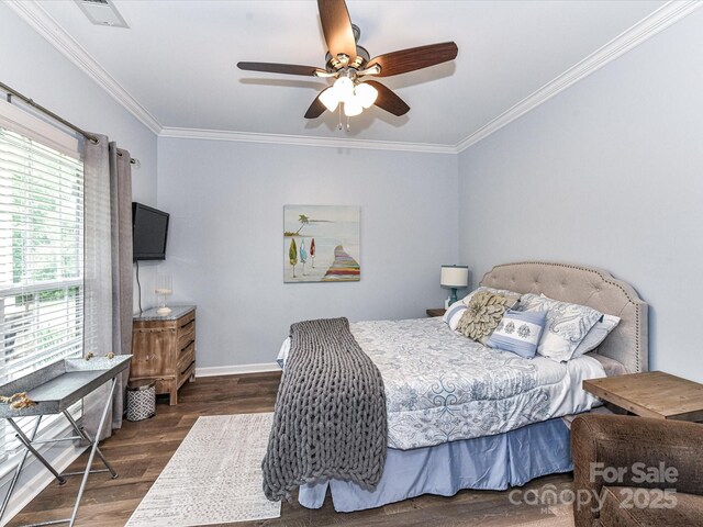10800 Alabaster Dr, Davidson, NC 28036 - bedroom with wood finished floors, ornamental molding, a ceiling fan, and baseboards