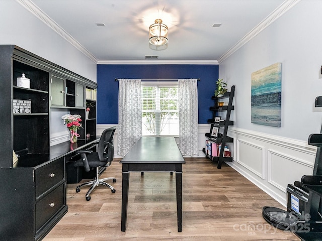 10800 Alabaster Dr, Davidson, NC 28036 - office with ornamental molding, light wood-style floors, and wainscoting