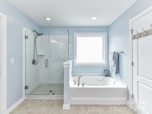10800 Alabaster Dr, Davidson, NC 28036 - full bathroom featuring a stall shower, a bath, baseboards, recessed lighting, and tile patterned flooring