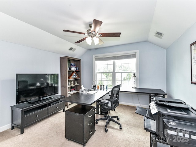 10800 Alabaster Dr, Davidson, NC 28036 - office area with vaulted ceiling, a ceiling fan, light colored carpet, and baseboards