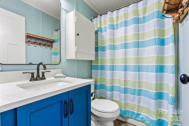 4920 Longfield St, Claremont, NC 28610 - bathroom with a textured ceiling, toilet, vanity, and a shower with shower curtain