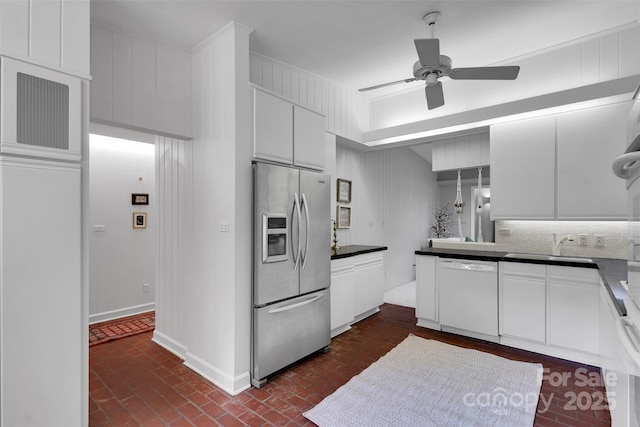 331 Glen Oaks Rd, Charlotte, NC 28270 - kitchen featuring stainless steel fridge, dishwasher, brick flooring, ceiling fan, and white cabinets
