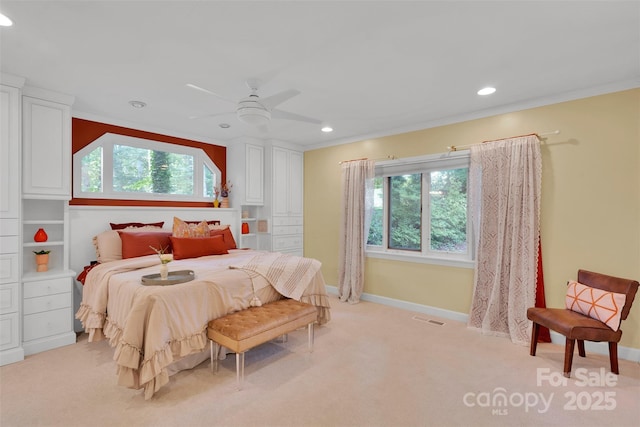 331 Glen Oaks Rd, Charlotte, NC 28270 - bedroom with light carpet, multiple windows, recessed lighting, ornamental molding, and baseboards