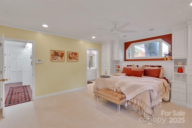 331 Glen Oaks Rd, Charlotte, NC 28270 - bedroom featuring recessed lighting, light carpet, connected bathroom, ornamental molding, and ceiling fan