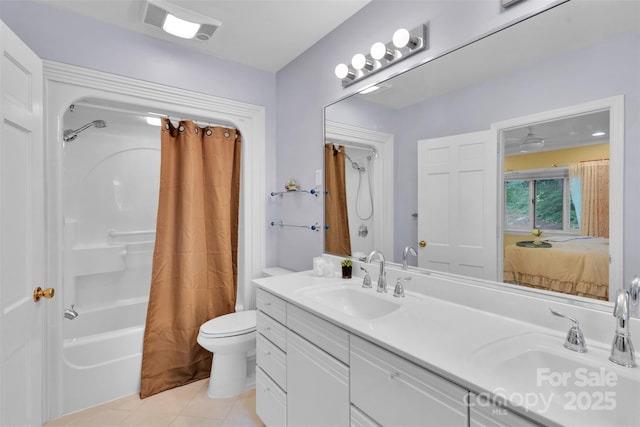 331 Glen Oaks Rd, Charlotte, NC 28270 - ensuite bathroom featuring tile patterned floors, shower / tub combo with curtain, double vanity, and toilet