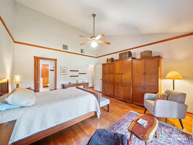 301 Fairway Ln, Spruce Pine, NC 28777 - bedroom featuring light wood-style flooring, high vaulted ceiling, and a ceiling fan