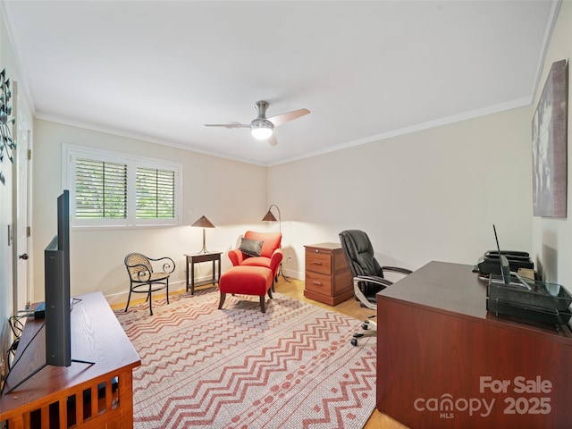 301 Fairway Ln, Spruce Pine, NC 28777 - office area with a ceiling fan, ornamental molding, and wood finished floors